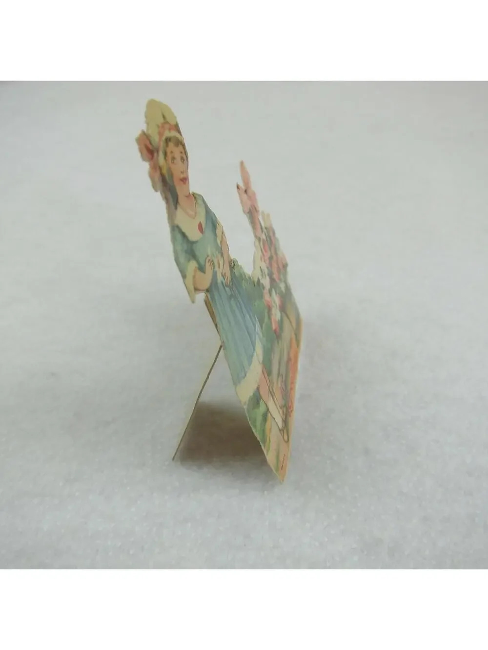 Vintage Valentine Die Cut Stand Up Girl Bonnet & Flower Basket 1920-30s Germany